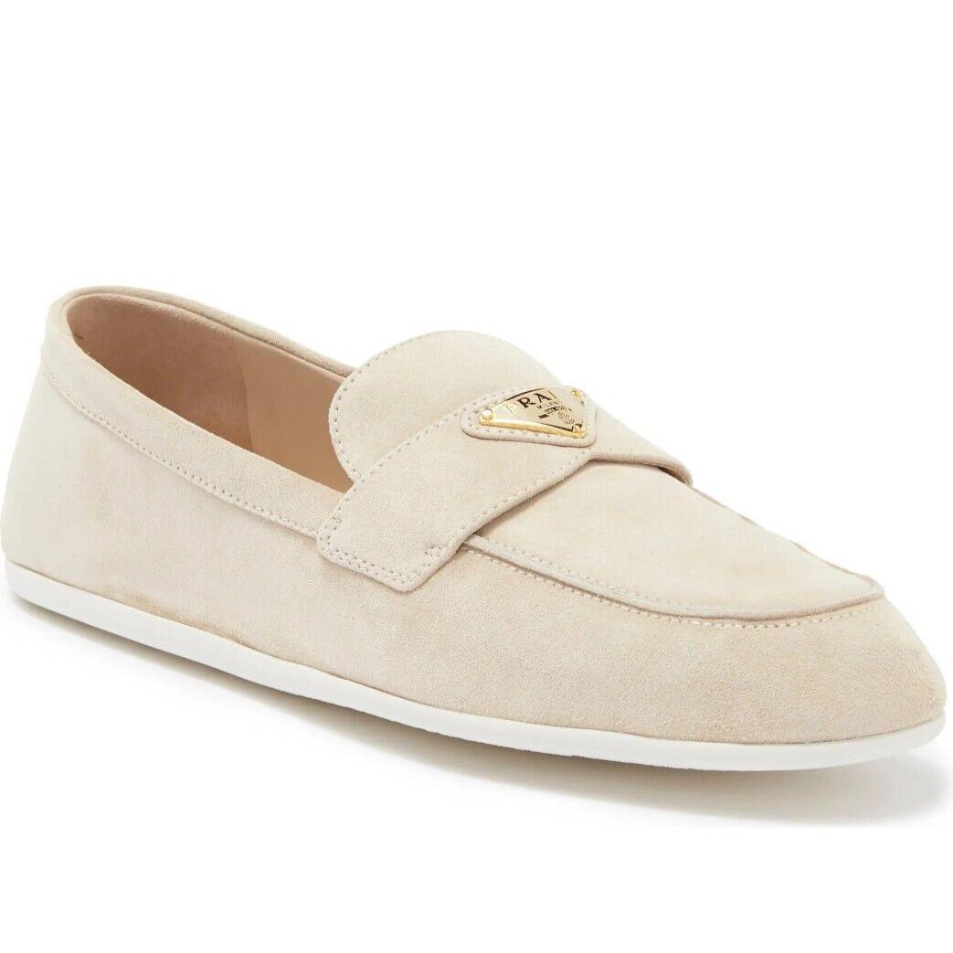 Prada Triangle Logo Suede Loafers Beige 37