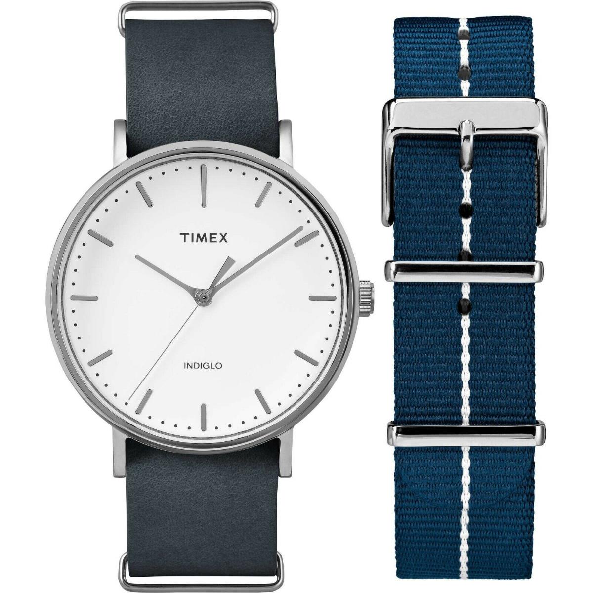 Timex Silver Tone Blue Leather+blue White Nylon Band 2 PC Set Watch TWG016400