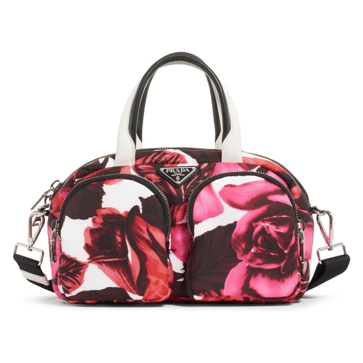 Prada Rose Print Nylon Tote Red Pink White Handbag Bag