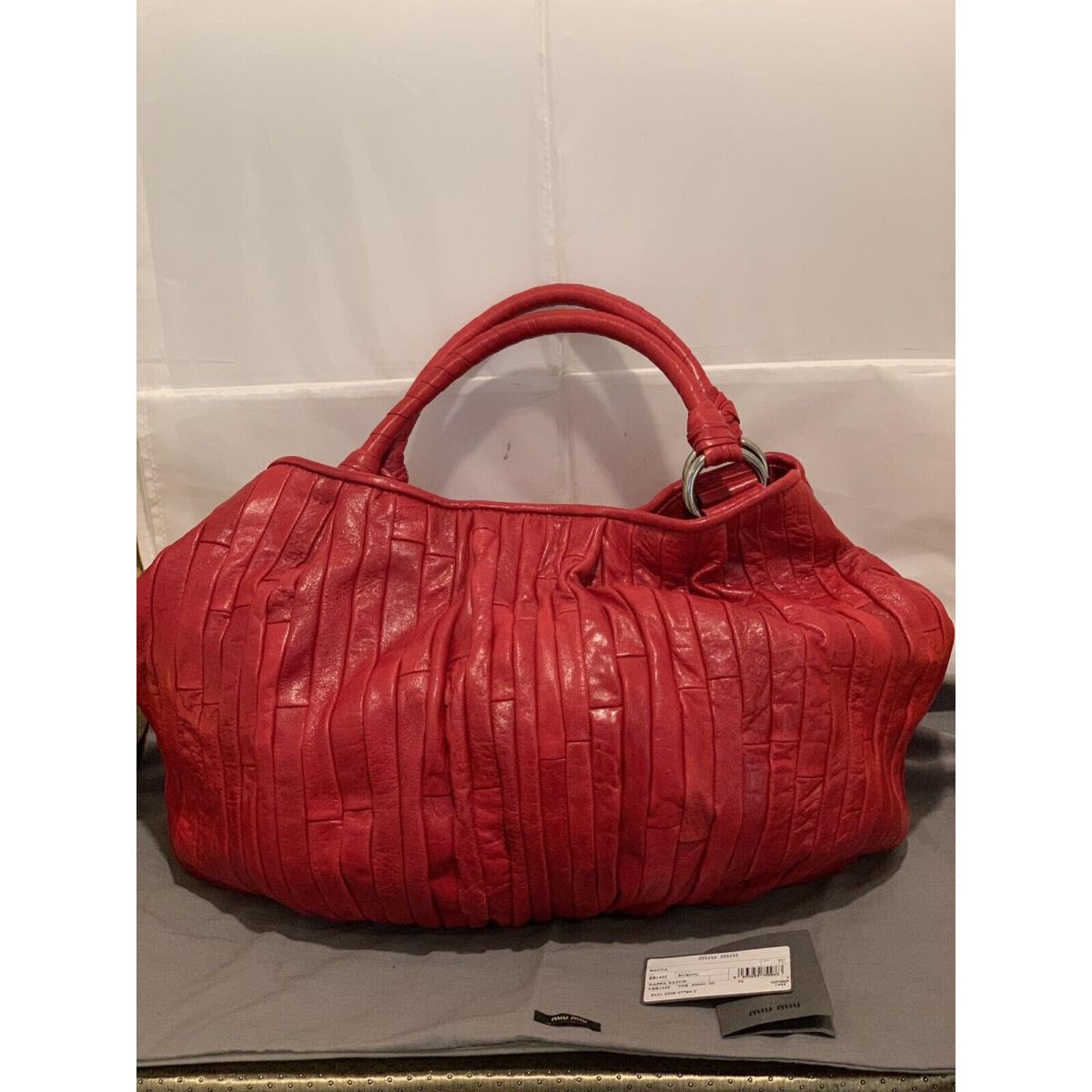 Miu Miu Red Leather Tote Embellishment Satin Interior Lining Handbags