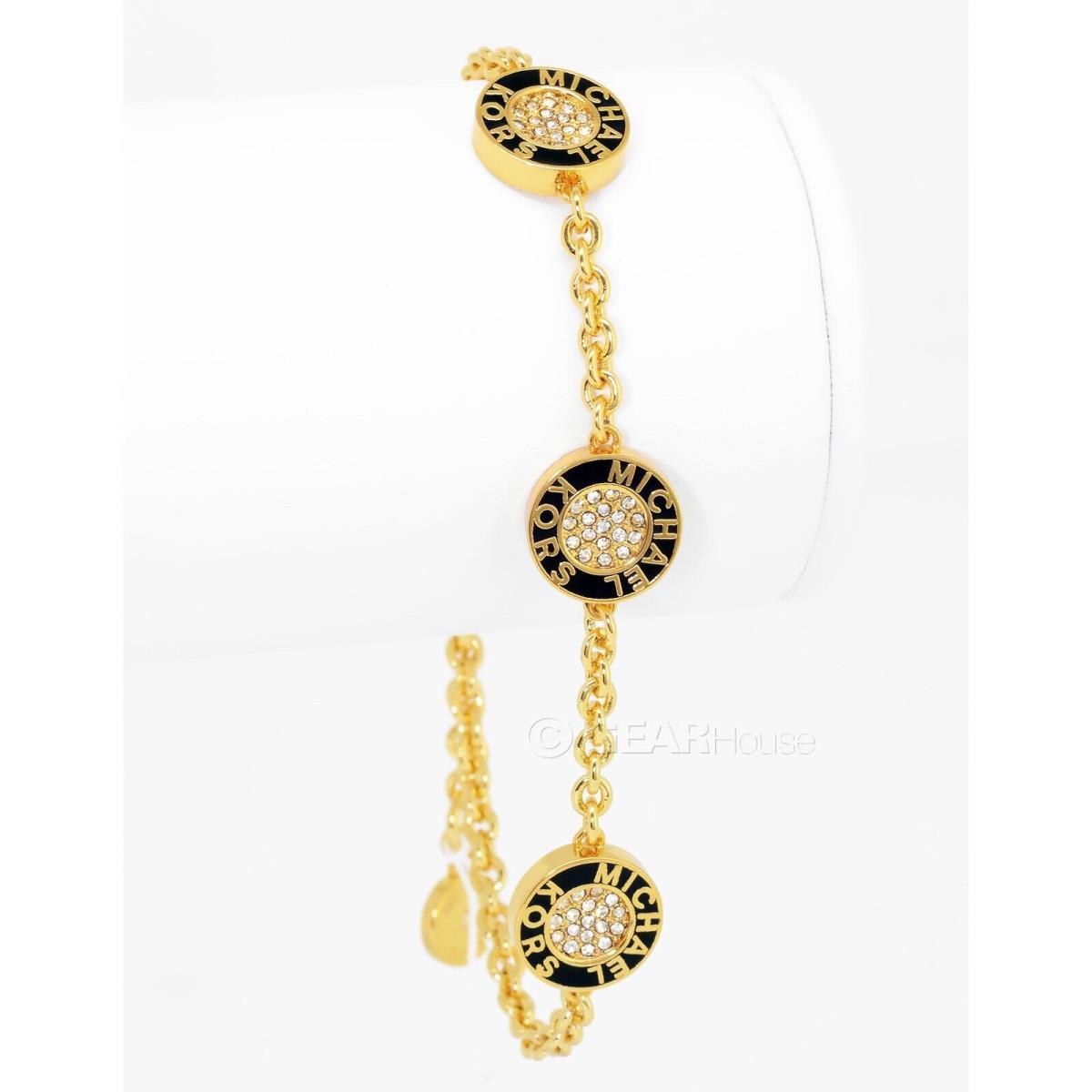 Michael Kors Womens Gold/black Station Chain Bracelet w/ Pave Crystals