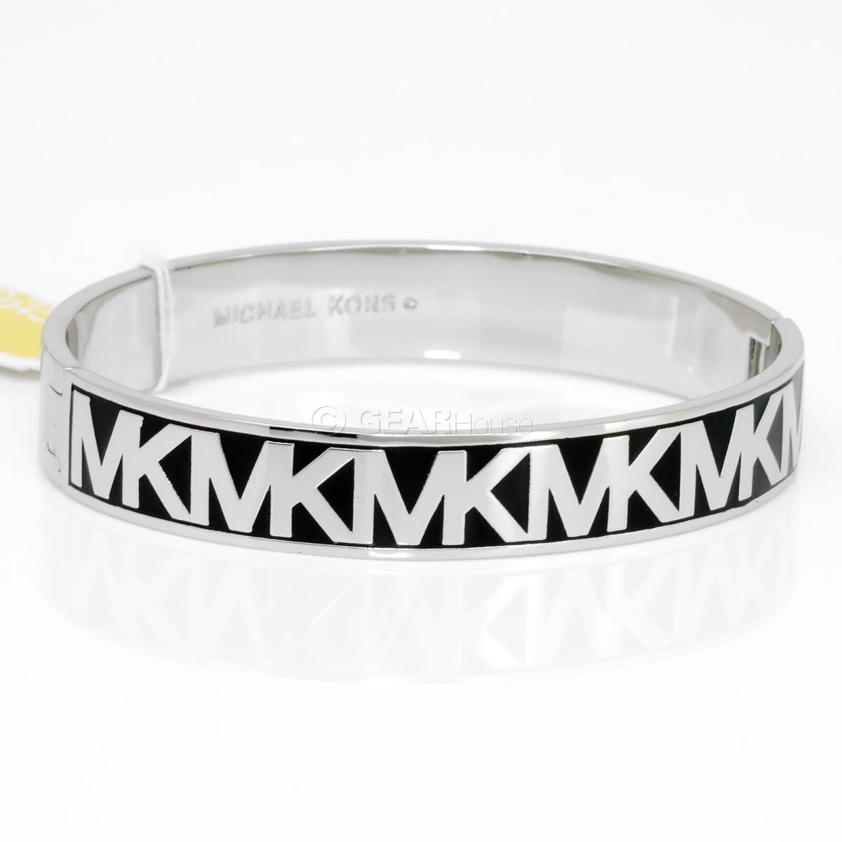 Michael Kors Womens Silver Tone Brass Bangle Bracelet w/ Black Enamel MK Band