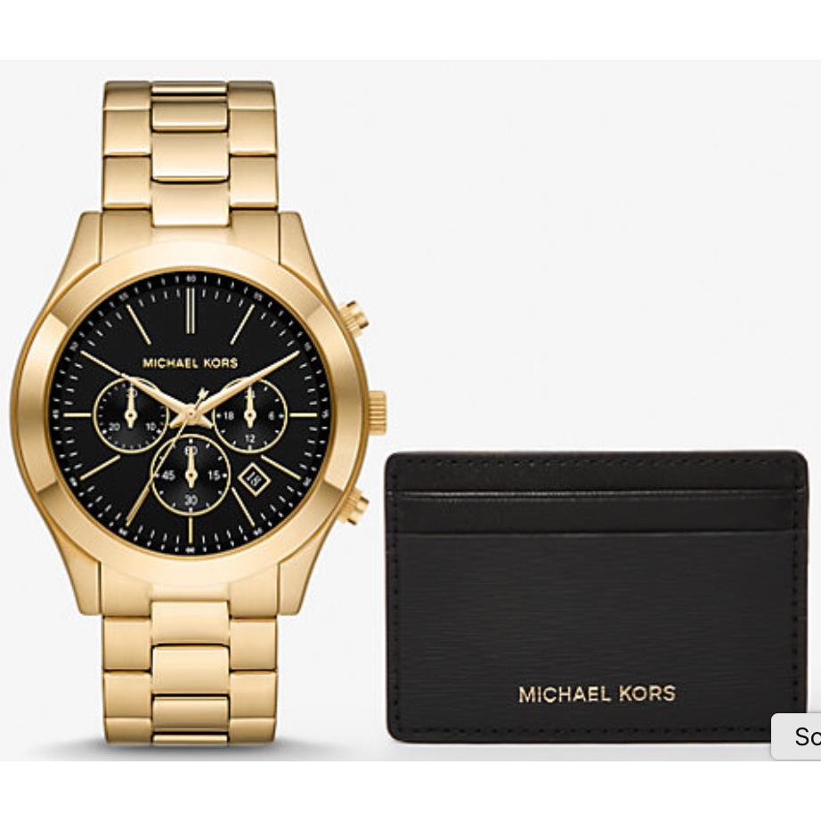 Michael Kors Men Gold Tone Oversized Slim Watch and Card Case Set