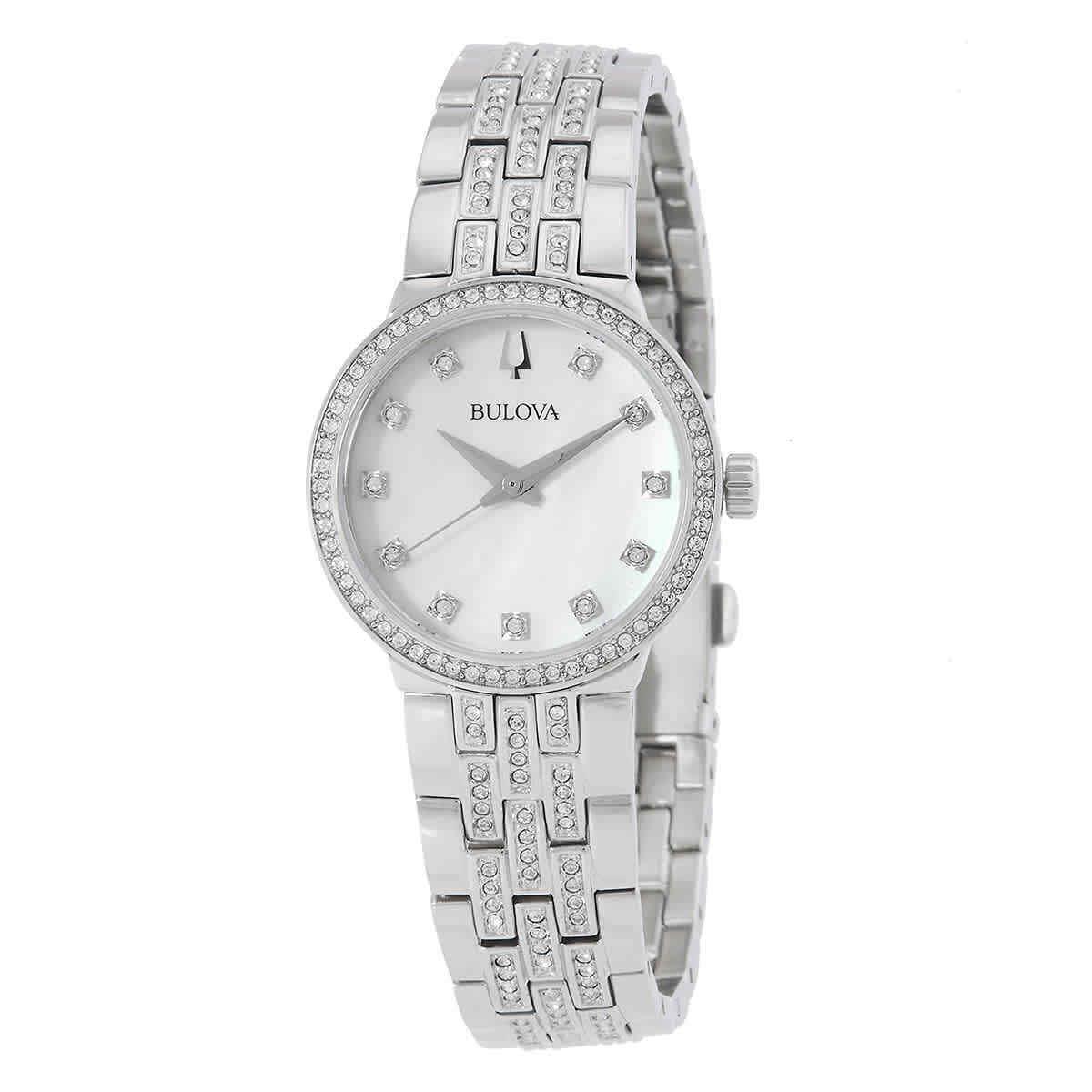 Bulova Quartz Crystal White Mop Dial Ladies Watch and Necklace Set 96X163