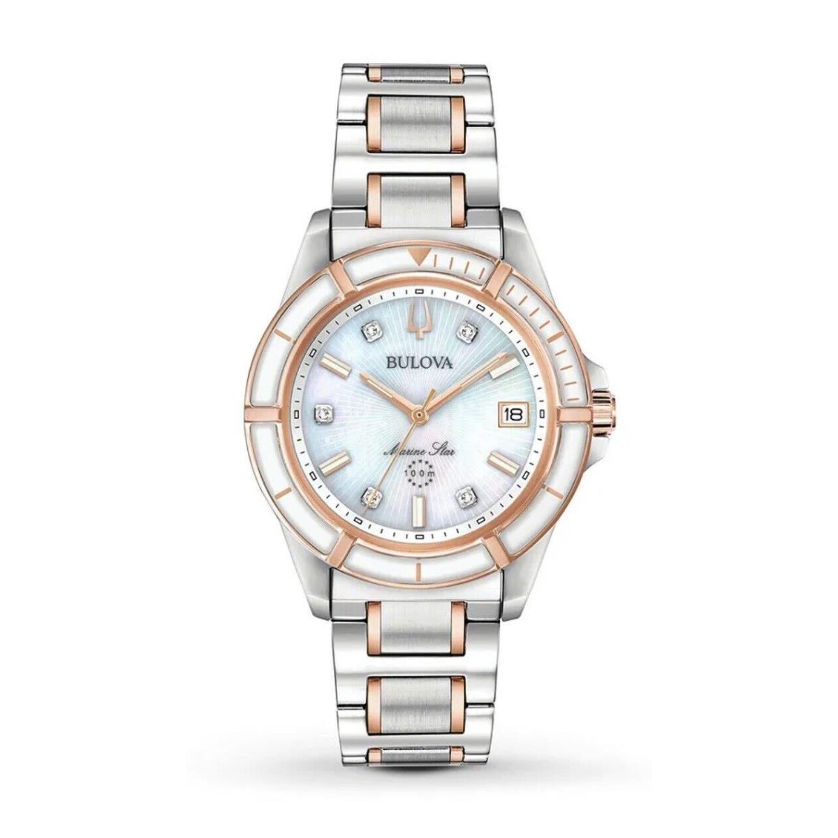 Bulova Marine Star Women`s 34mm Watch - 98P187 - Dial: Rose Gold, Band: Silver, Bezel: Rose Gold