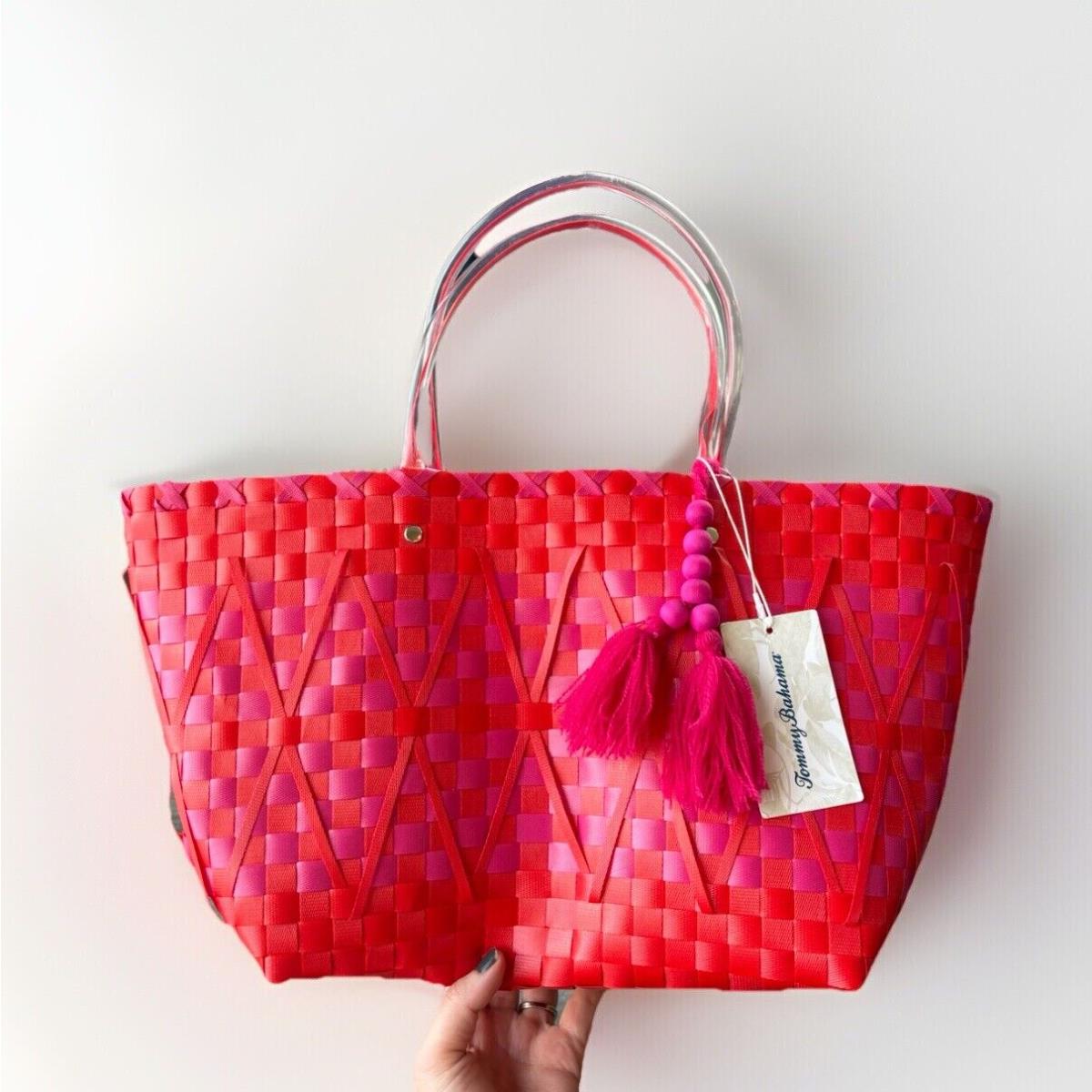 Tommy Bahama Pink Red Woven Plastic Beach Bag Vacation Boho Tropical