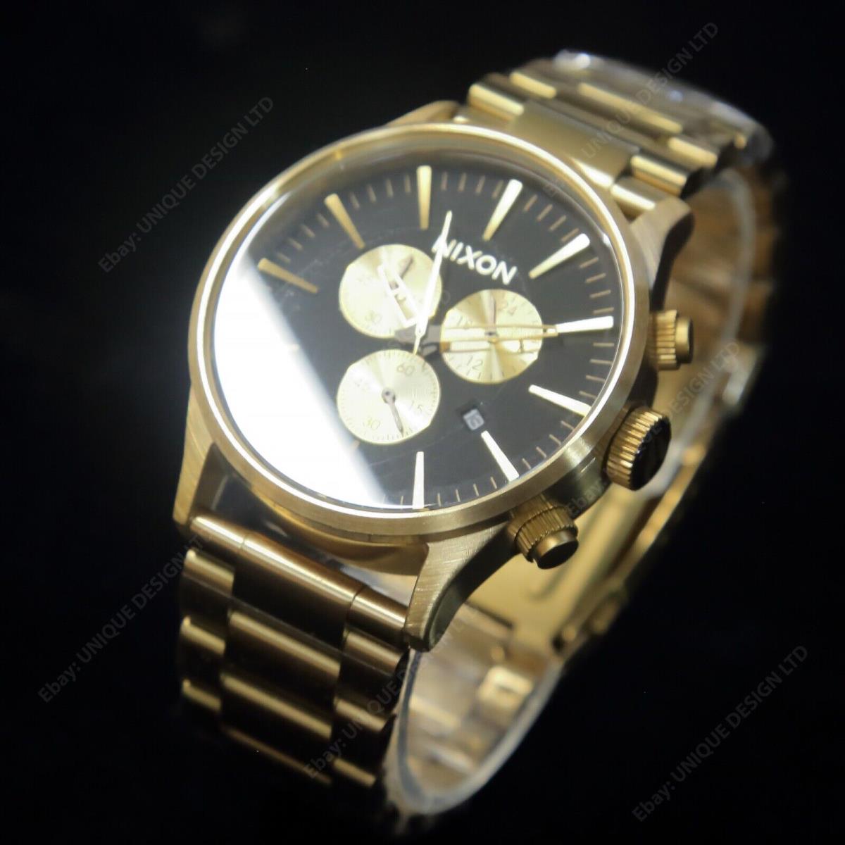 US Nixon Watch Sentry Gold Black Chrono a386-510 Mens Gift Nice