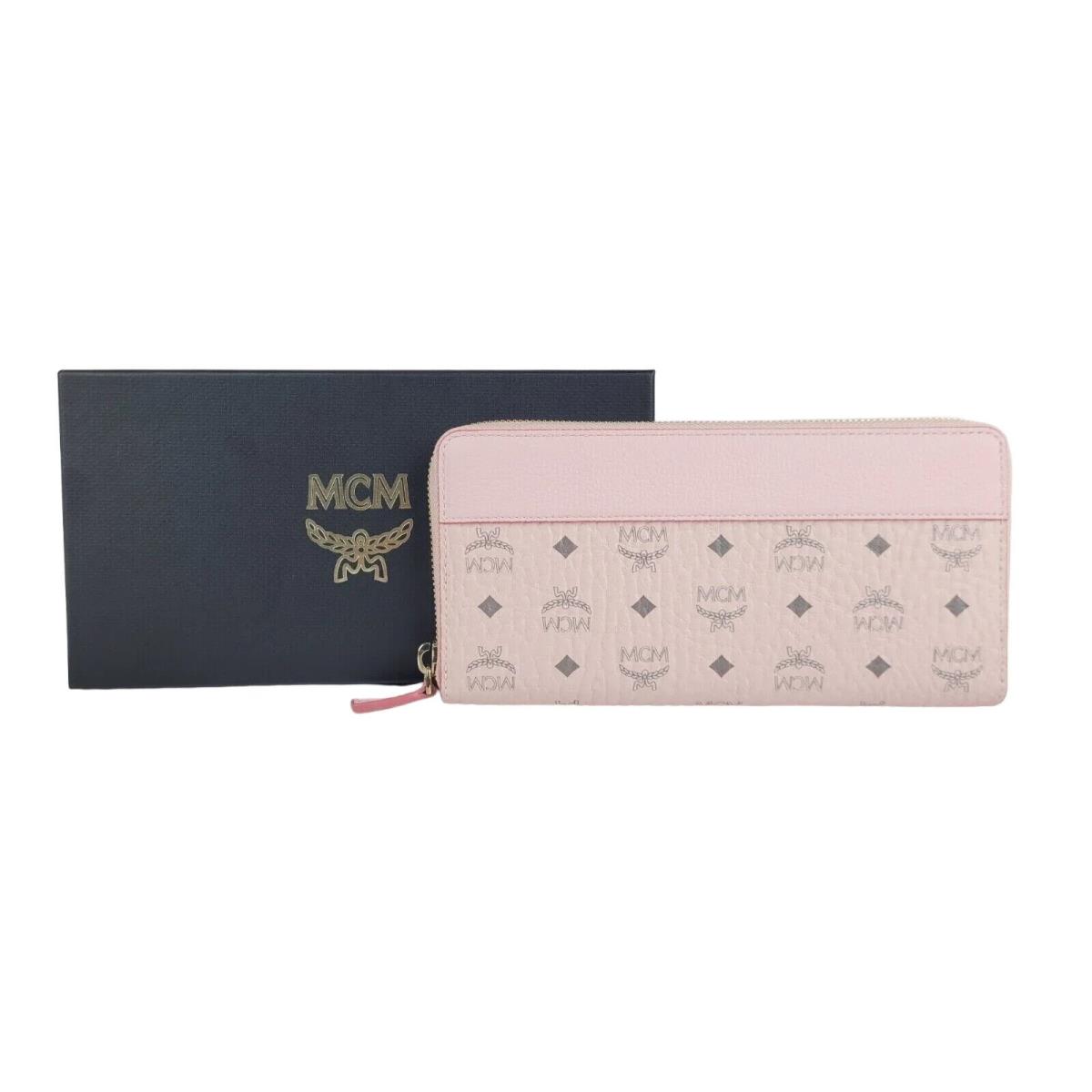 Mcm Zip Around Large Leather Wallet Powder Pink In Gift Box