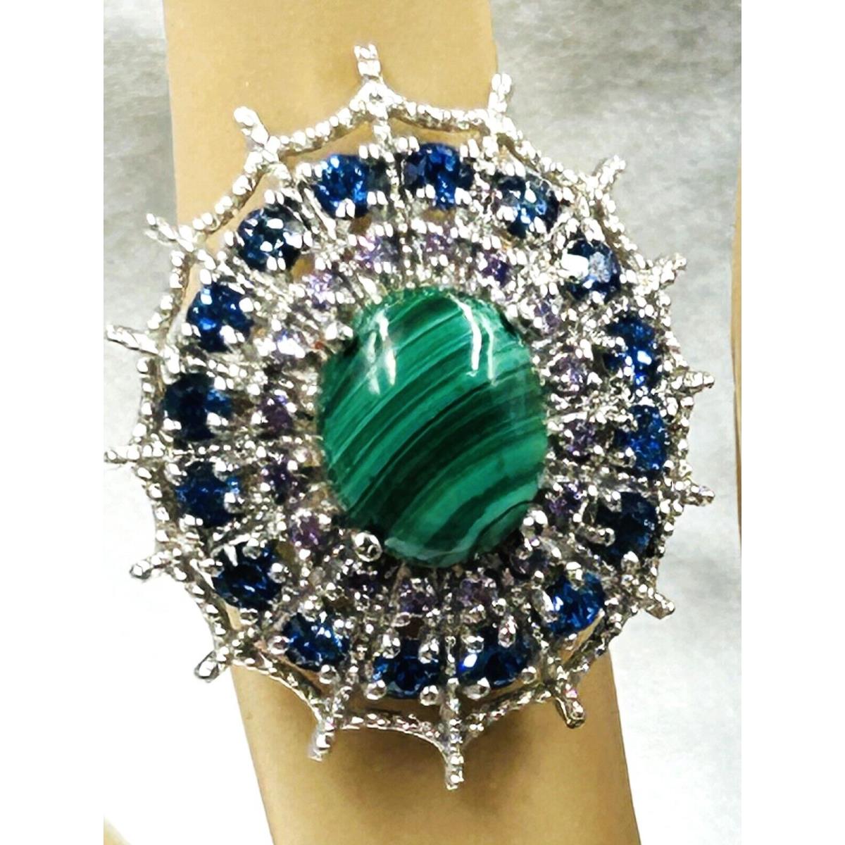 Ring with Swarovski Blue Crystal Spiderweb Spider Web Green Malachite Silvertone