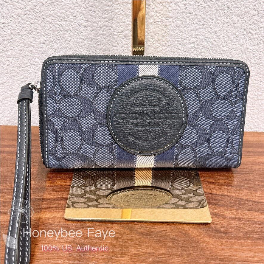 Coach Dempsey Large Phone Wallet In Signature Jacquard with Stripe and Patch Silver/Denim/Midnight Navy Multi