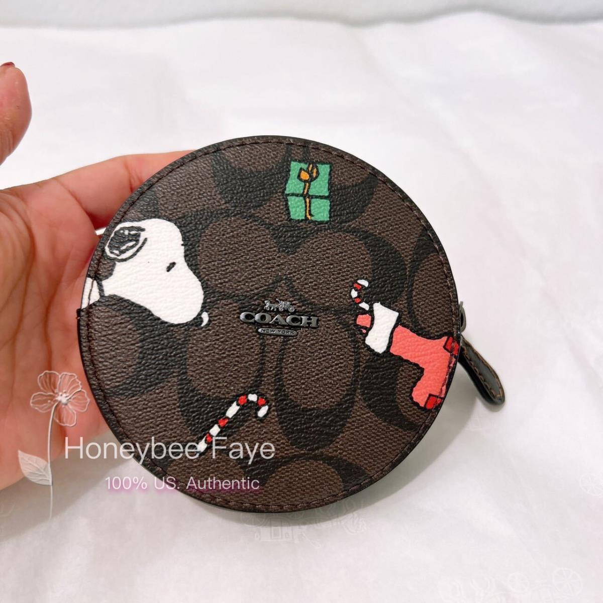 Coach X Peanuts Round Coin Case In Signature Canvas with Snoopy CF245 Gunmetal/Brown Black Multi