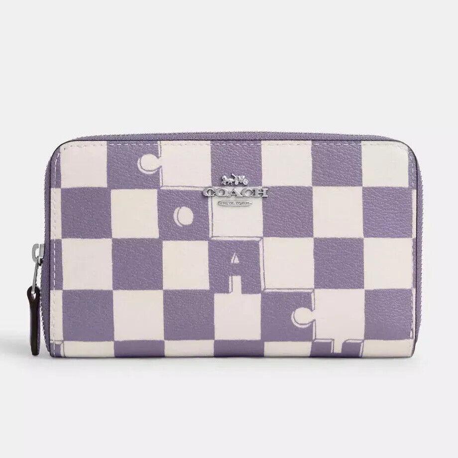 Coach Medium Id Zip Wallet with Checkerboard Print CR789 Silver/Light Violet/Chalk