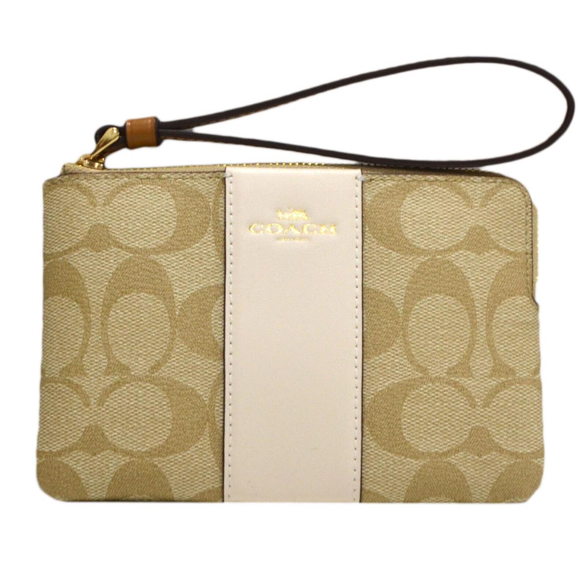 Coach Women`s Corner Zip Wristlet Small Clutch Wallet Logo Wrist Strap Cardcase Light Khaki