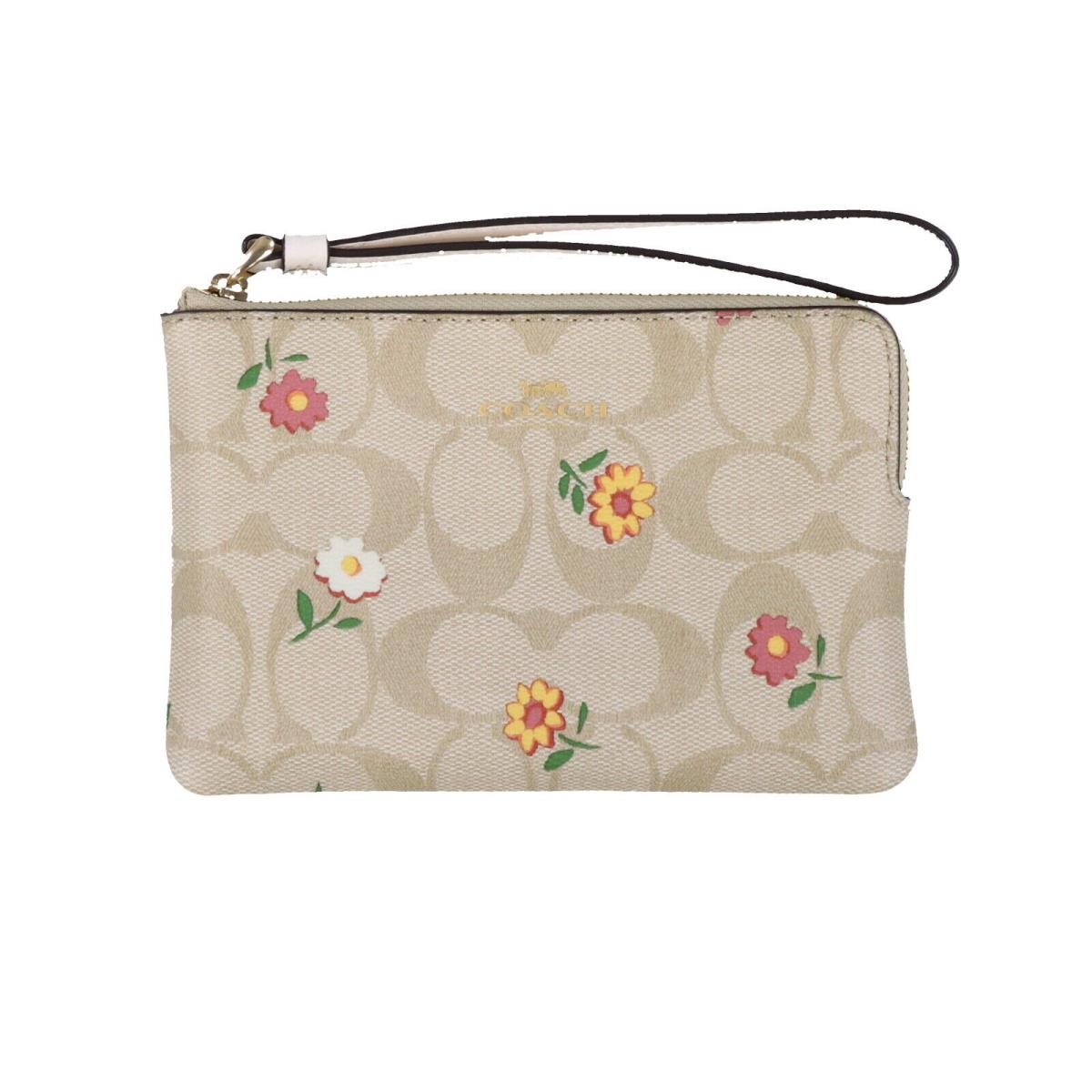 Coach Women`s Corner Zip Wristlet Small Clutch Wallet Logo Wrist Strap Cardcase Nostalgic Ditsy Print