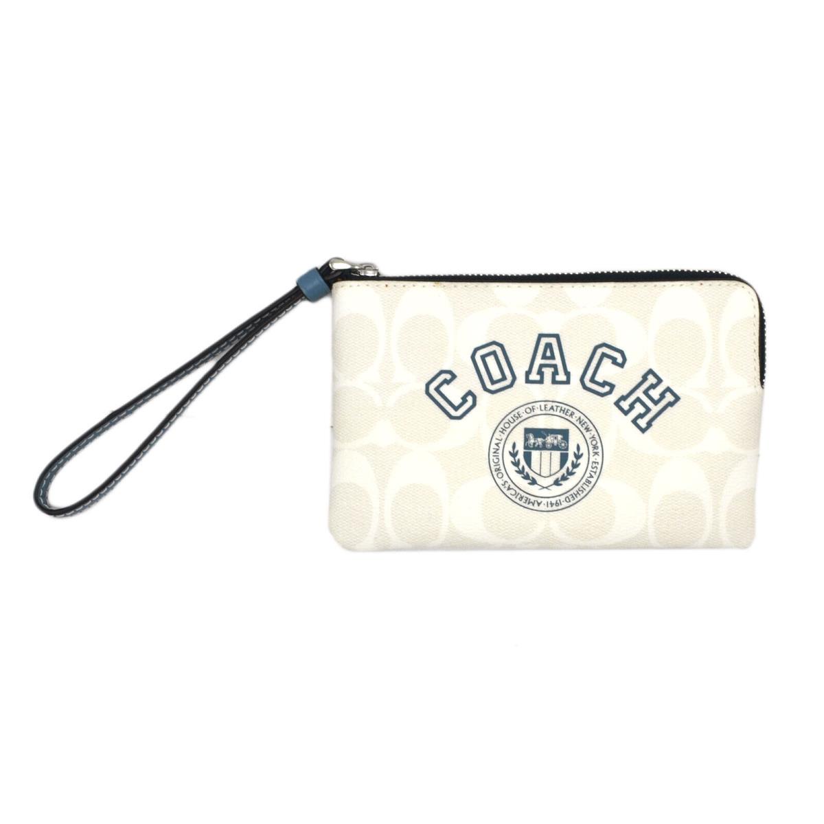 Coach Women`s Corner Zip Wristlet Small Clutch Wallet Logo Wrist Strap Cardcase White