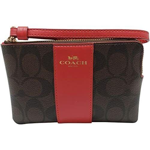 Coach F58035 F73061 F75594 F73399 Signature Pvc/leather Corner Zip Wristlet F58035 Brown /True Red