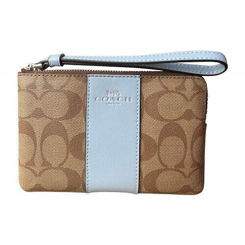 Coach F58035 F73061 F75594 F73399 Signature Pvc/leather Corner Zip Wristlet F58035 Khaki/Cornflower