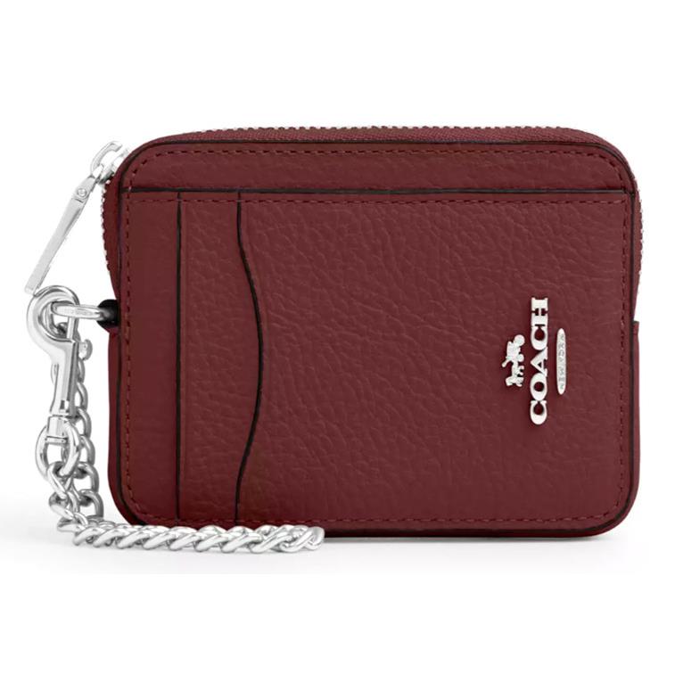 Coach Zip Card Case - 6303 Wine Burgundy Red Refined Pebble Leather