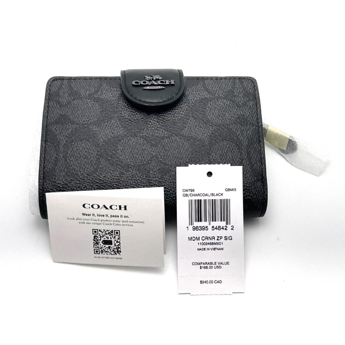 Coach CW786 Medium Zip Wallet Card/coin Case Canvas Leather Charcoal Black