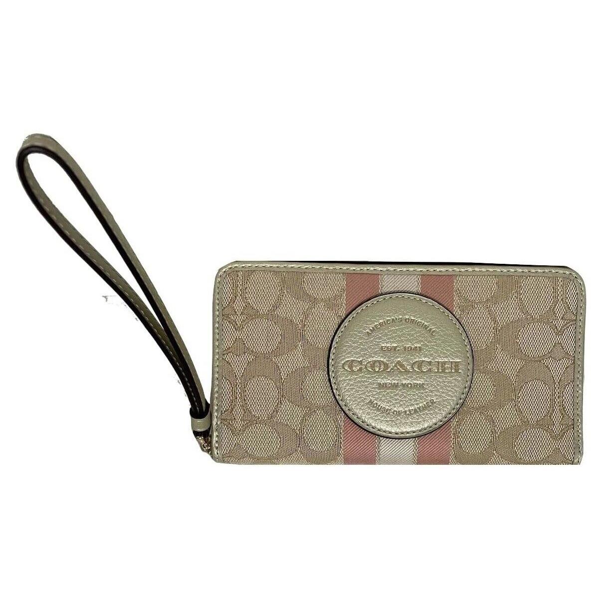 Coach Signature Khaki Jacquard Stripe Coach Patch Zip Around Wallet CF441