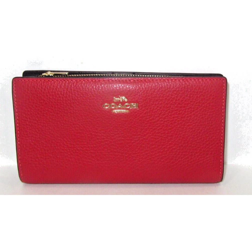 Coach CW776 Center Zip Slim Zip Wallet Bold Red Leather Walnut Signature NWT$268