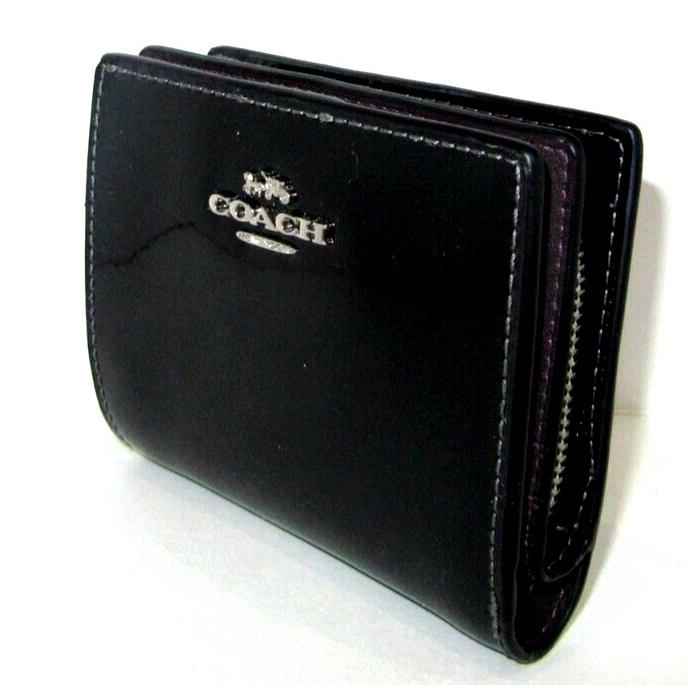 Coach CN383 Black Patent Leather Snap Card Case Wallet with C Charm