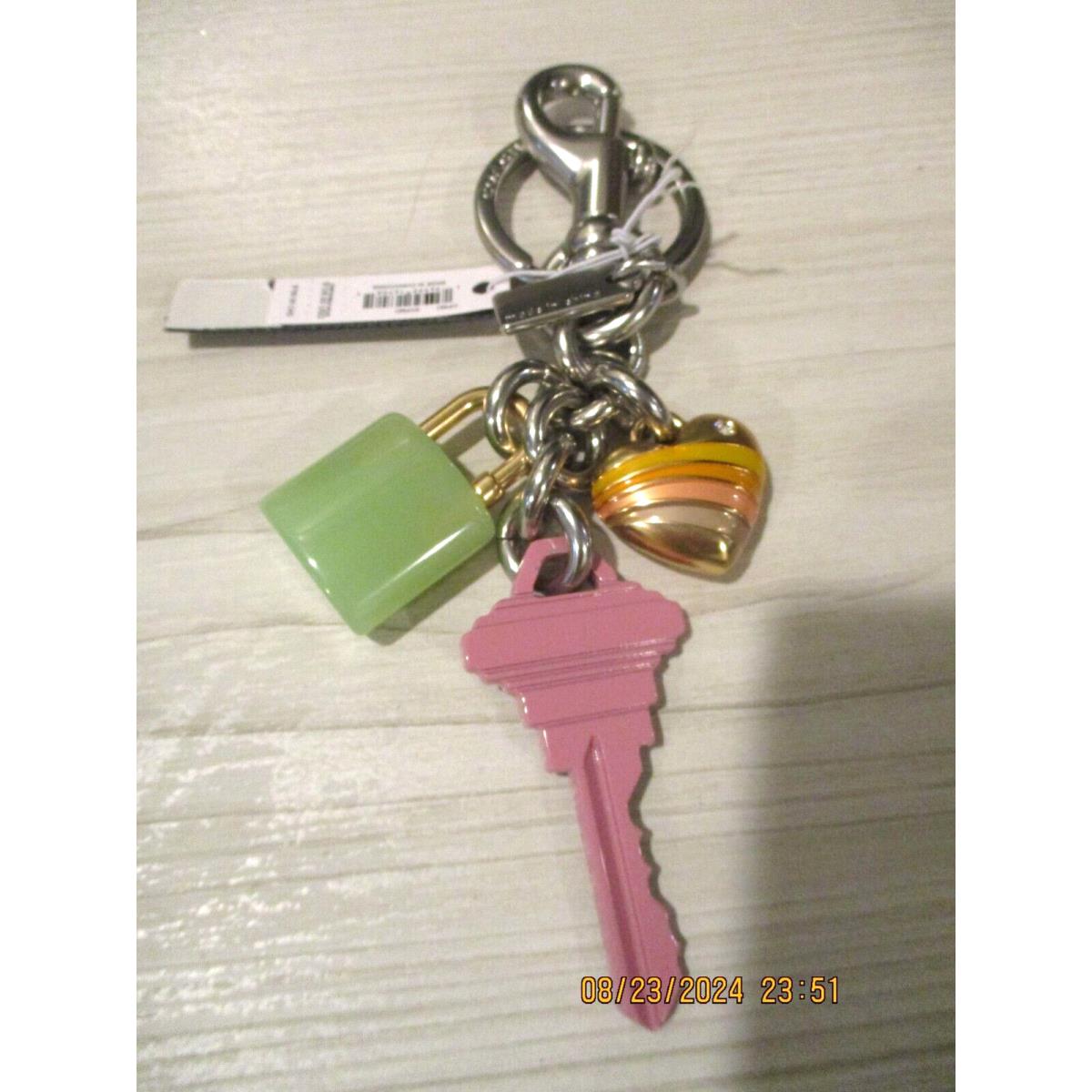 Coach CP891 Lock Key Heart Cluster Bag Charm Keychain Fob Silver/pink Multi