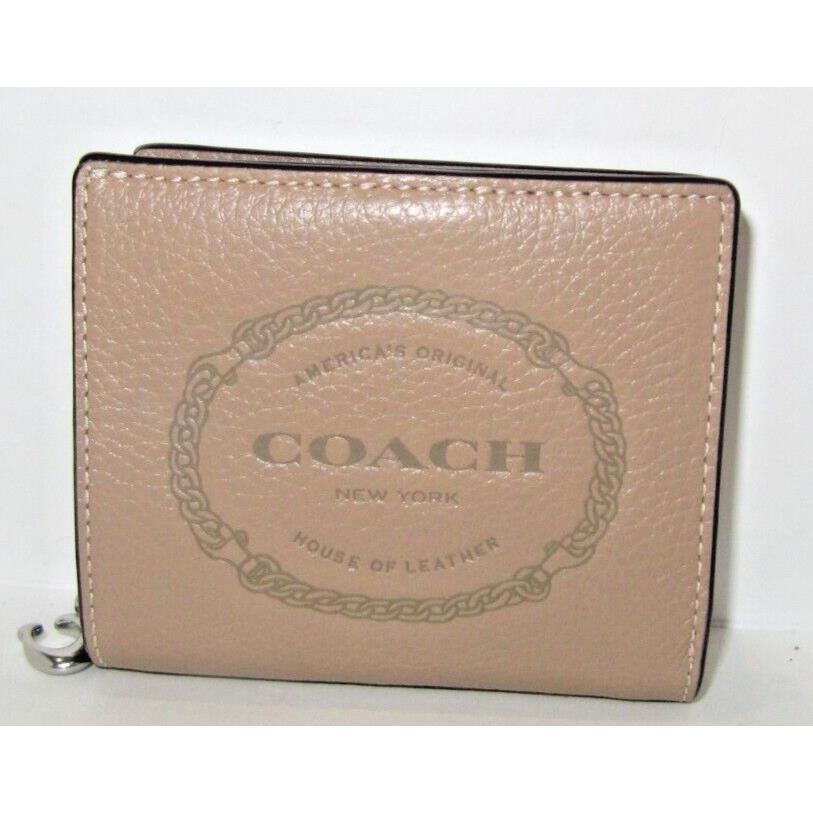 Coach CM216 Taupe Pebbled Leather Snap Card Case Wallet Heritage Stamp