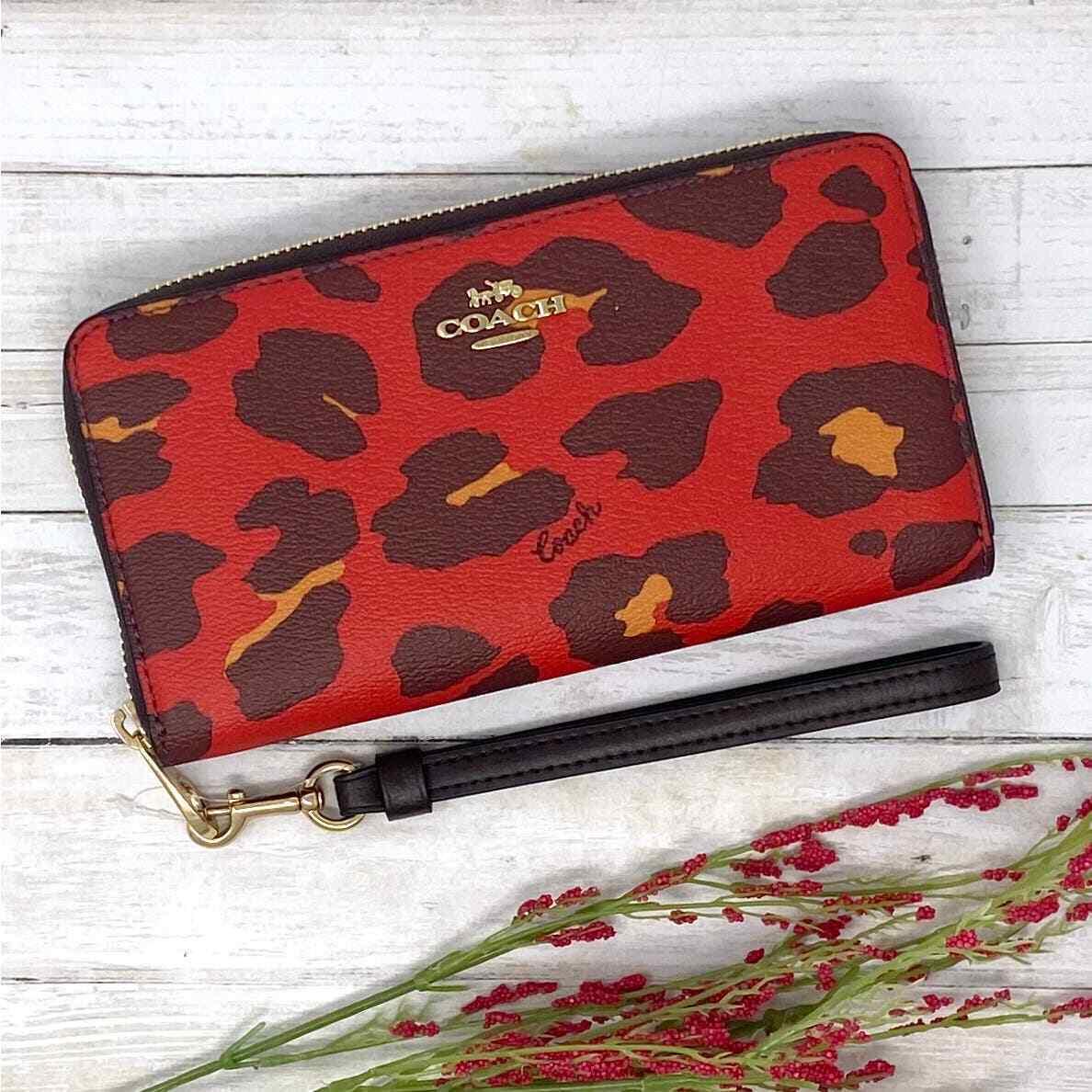 Coach Long Zip Around Wallet with Leopard Print in Bright Poppy C6428