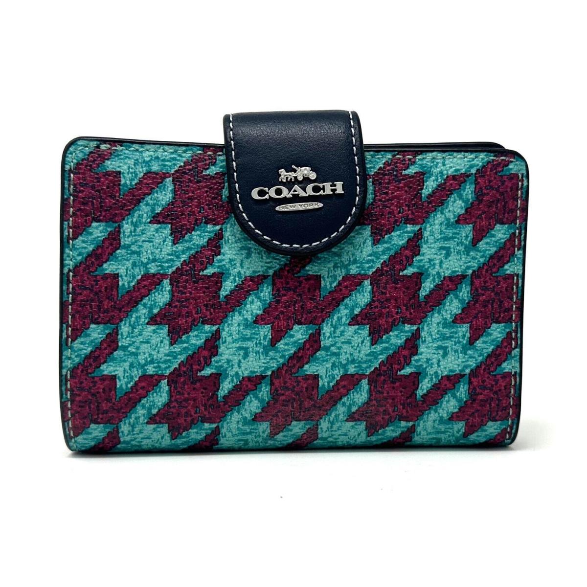 Coach Medium Corner Zip Wallet with Houndstooth Print in Teal Wine CJ680