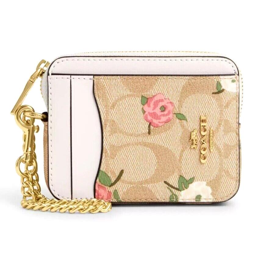 Coach CR971 Zip Card Case Signature Canvas with Floral Print Khaki Nip