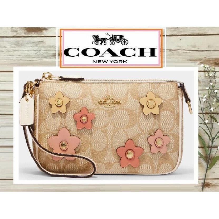 Coach CH619 Nolita 19 Sig W/floral Applique Pouchette Wristlet Bag Lt. Khaki