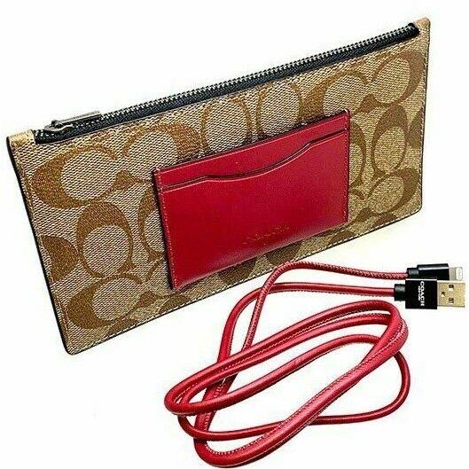 Coach F79849 Boxed Zip Phone Pouch Signature Canvas Usb Cord Retail