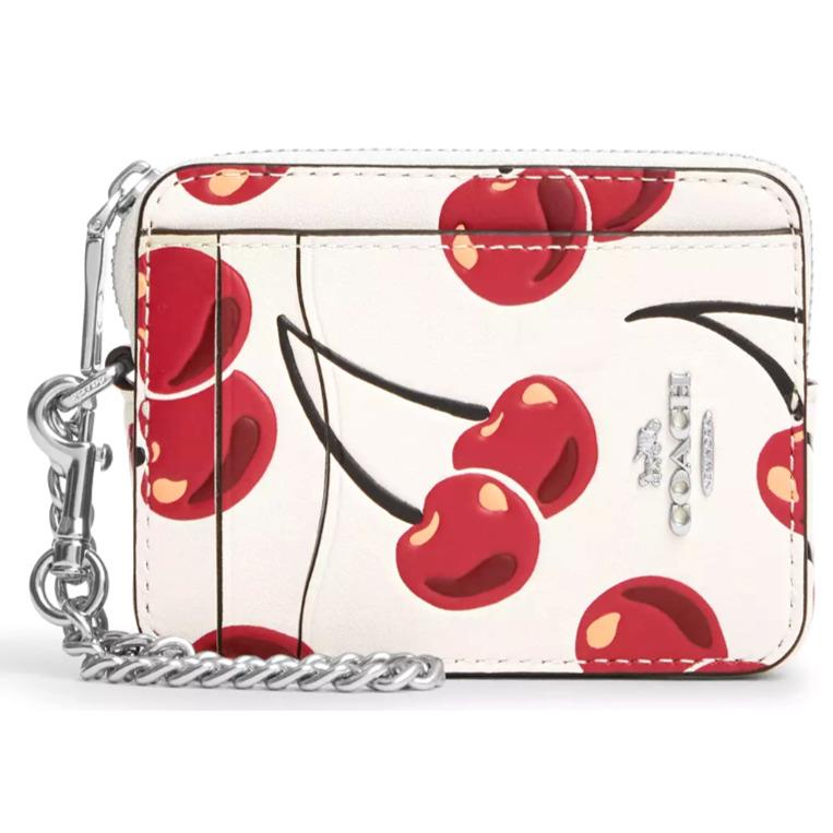 Coach Zip Card Case - CZ761 Chalk Smooth Leather W/red Pink Cherry Print