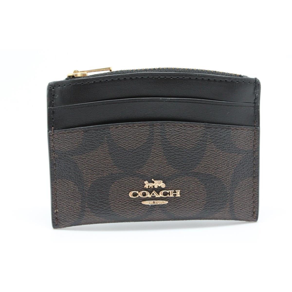 Coach Women`s Shaped Card Case Signature Canvas Brown - Black