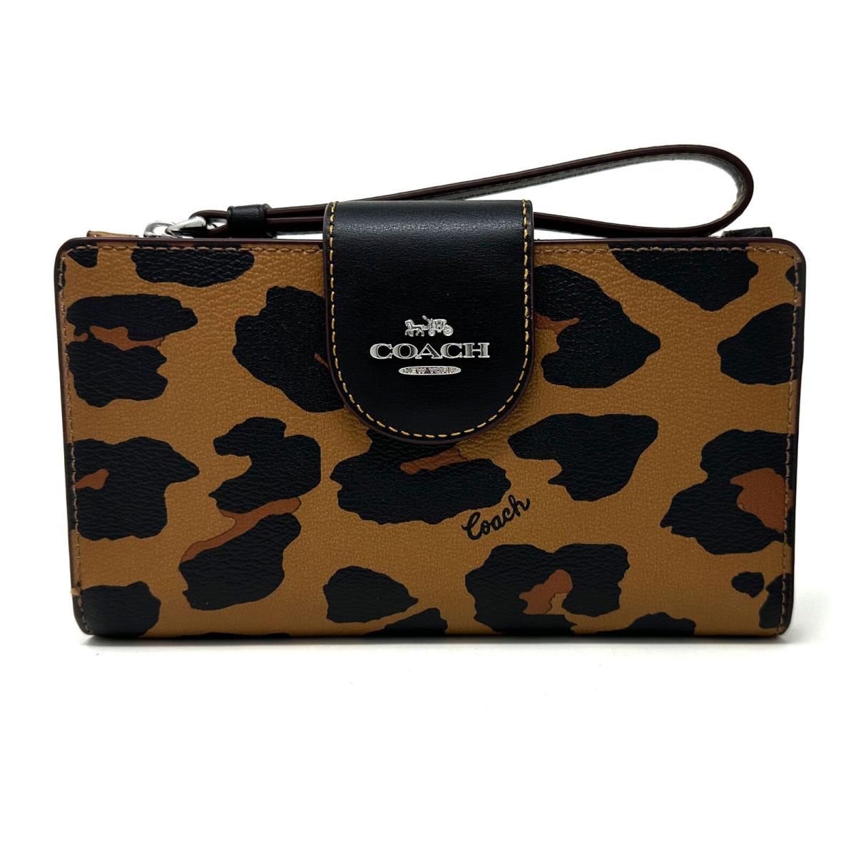 Coach Phone Wallet Leopard Print Signature Canvas Interior Light Saddle CC869