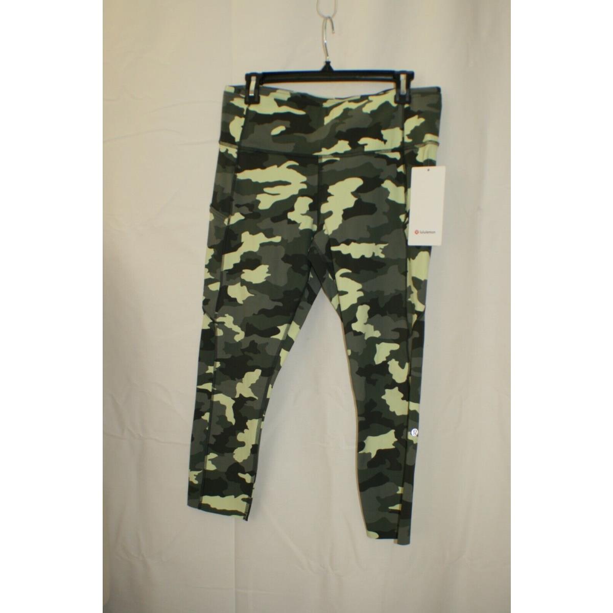 Lululemon Fast Free HR Crop 23 Green Camo Leggings Sz 12 Pockets Athletic