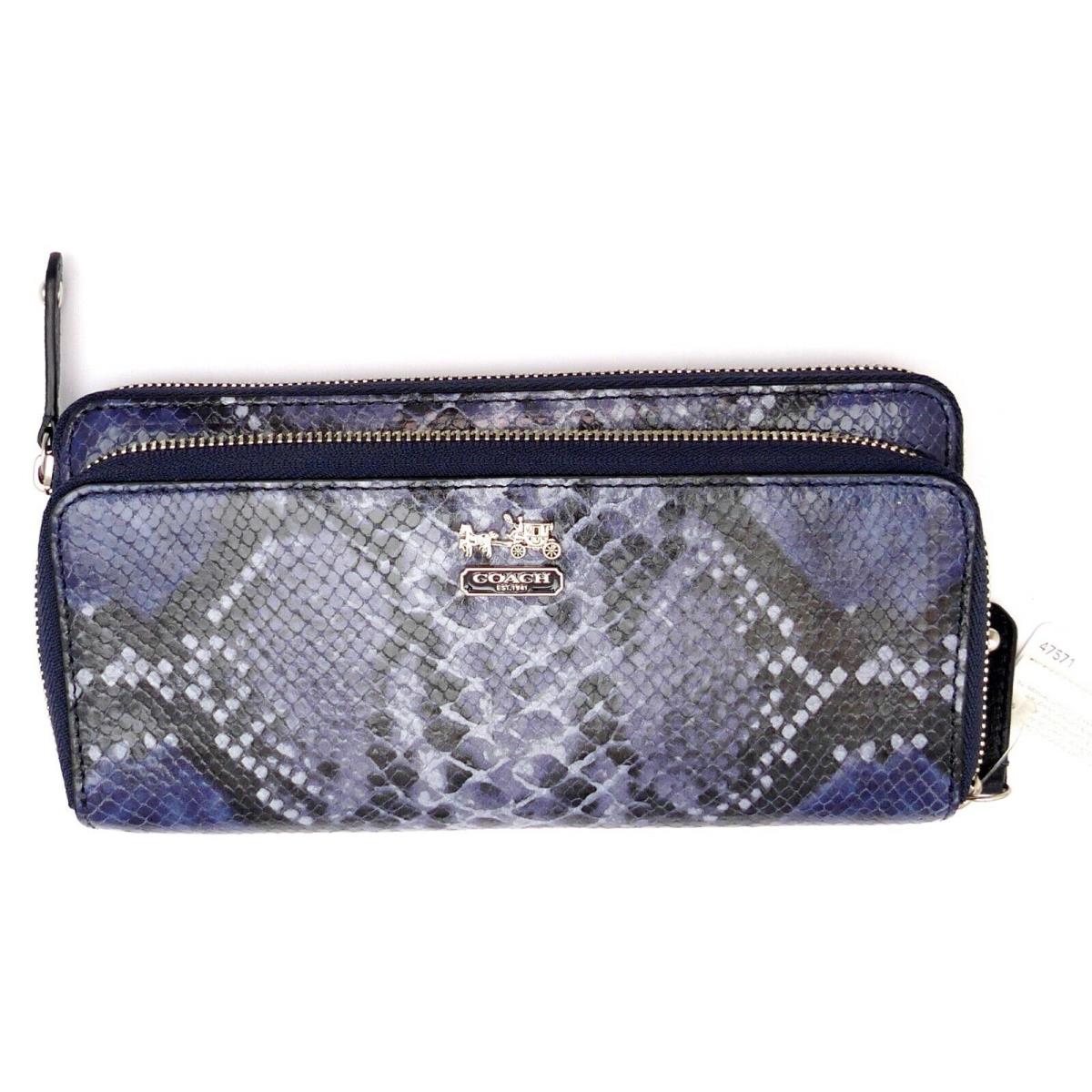 Coach Mad Python Sv/navy Leather Double Zippered All Around Wallet