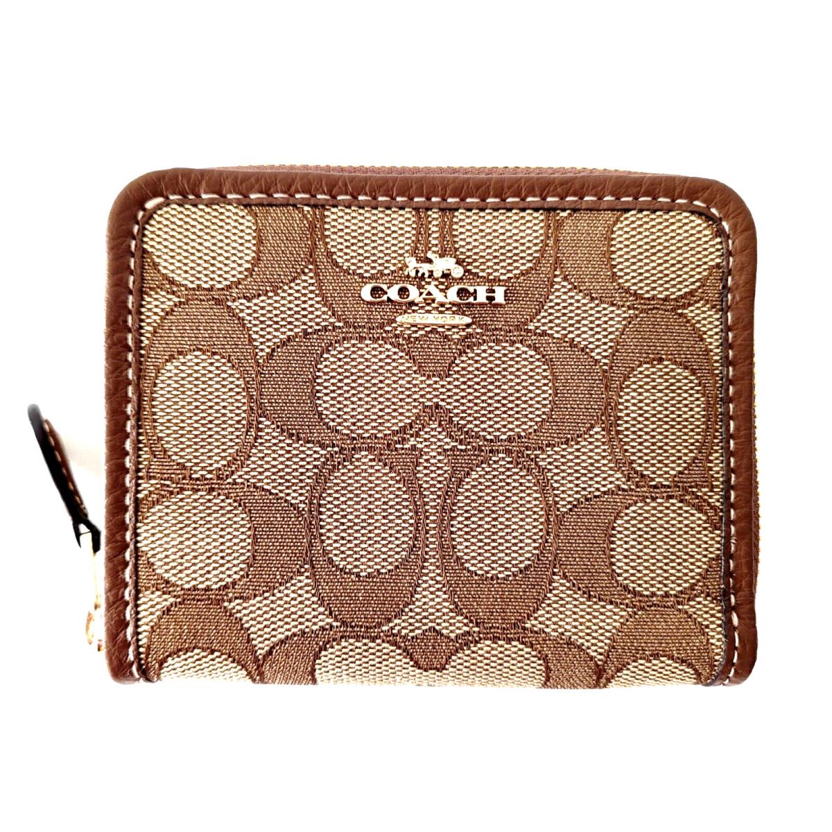 Coach Small Zip Around Wallet Signature Jacquard Khaki Saddle Multi CH389