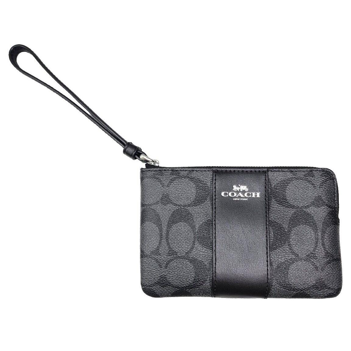 Coach Signature Wristlet Corner Zip Coated Canvas Leather Black