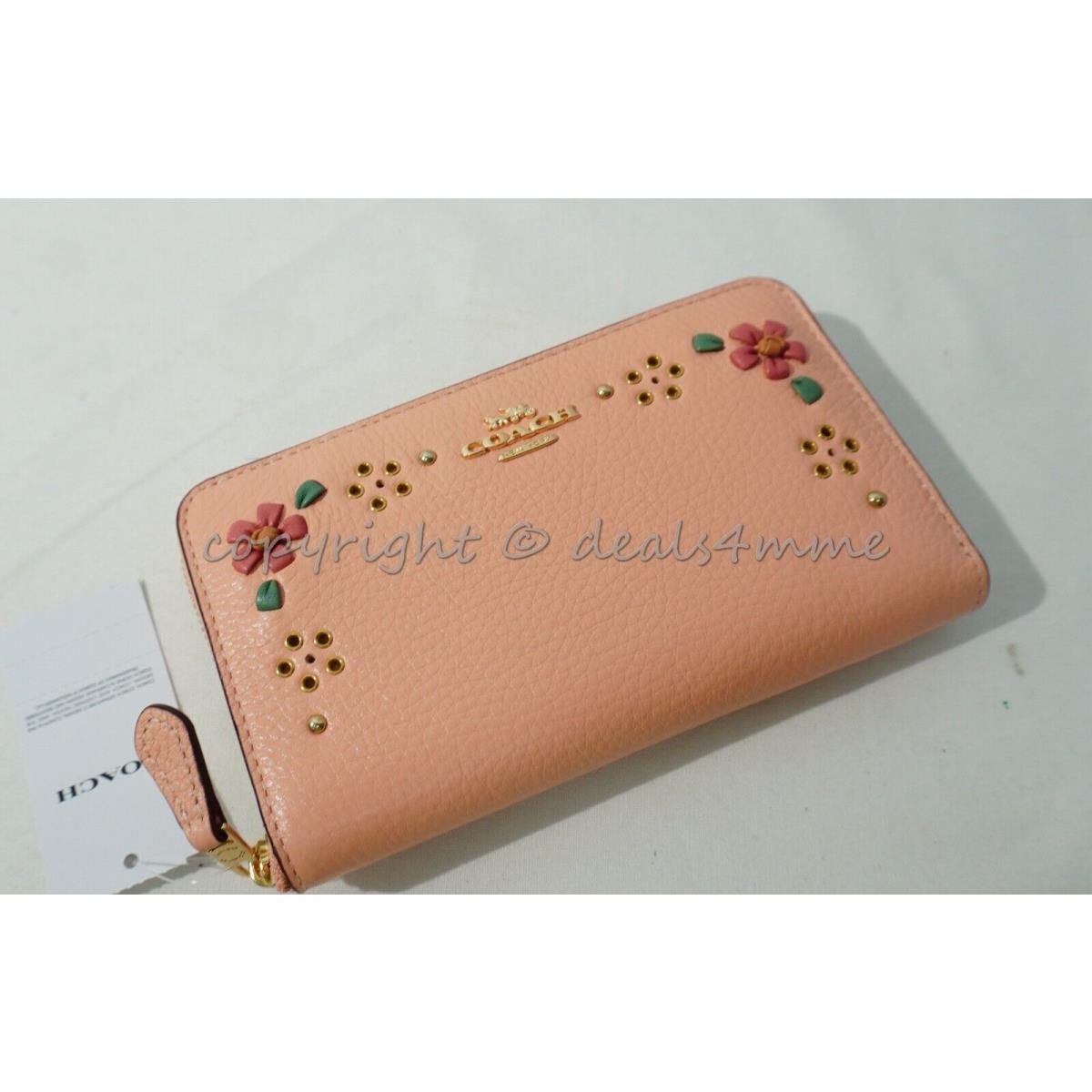 Coach CA025 Medium Id Zip Wallet with Floral Whipstitch in Gold/faded Blush Mul