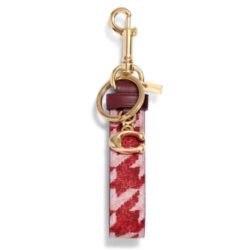 Coach Loop Bag Charm Key Ring - Red Houndstooth Canvas Leather - CK069