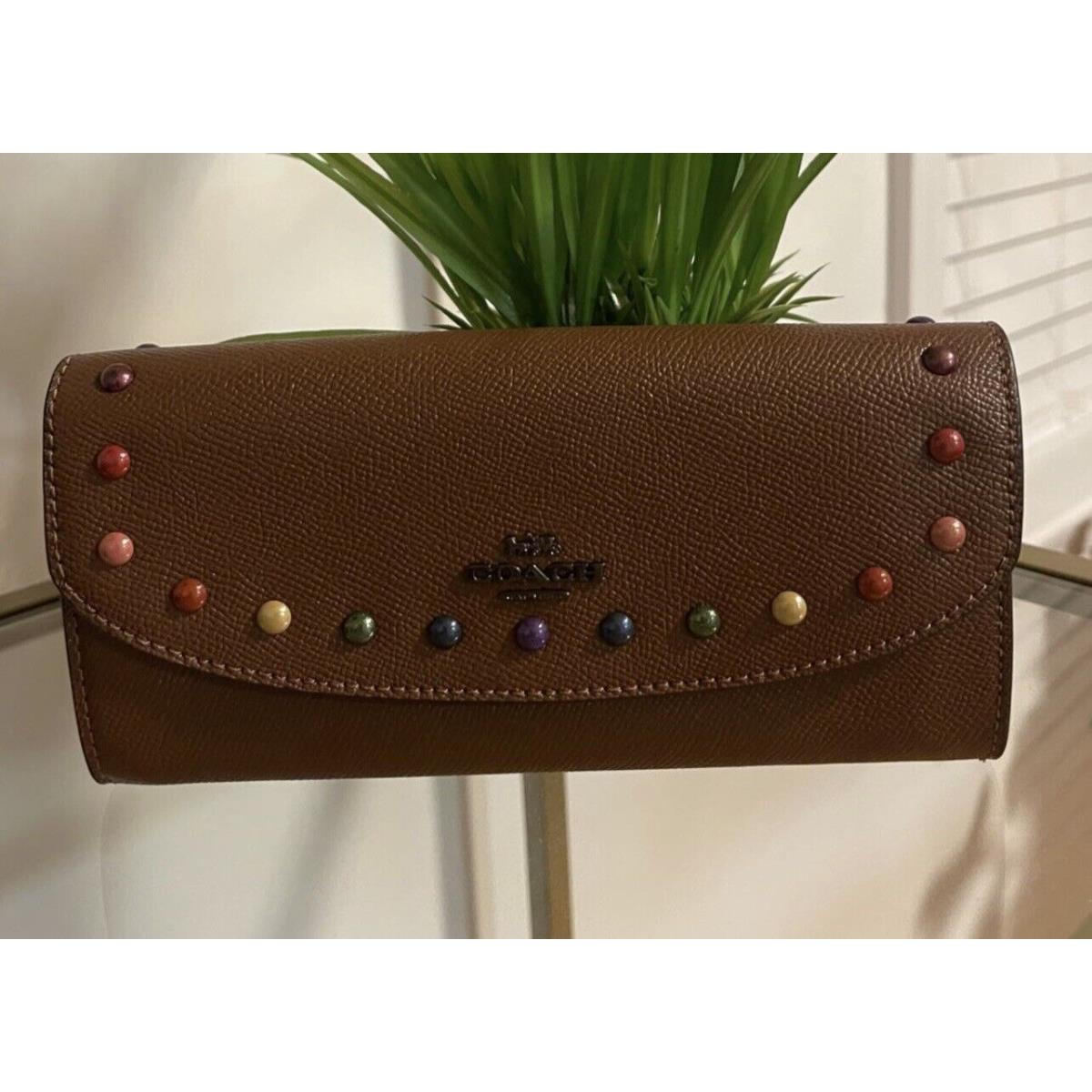 Coach Leather Beaded Wallet in Khaki Berry Multicolor