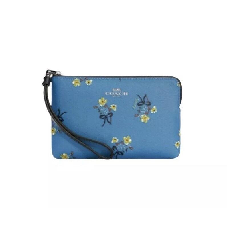 Coach Leather Corner Zip Wristlet with Floral Bow Print Blue Multi C7382