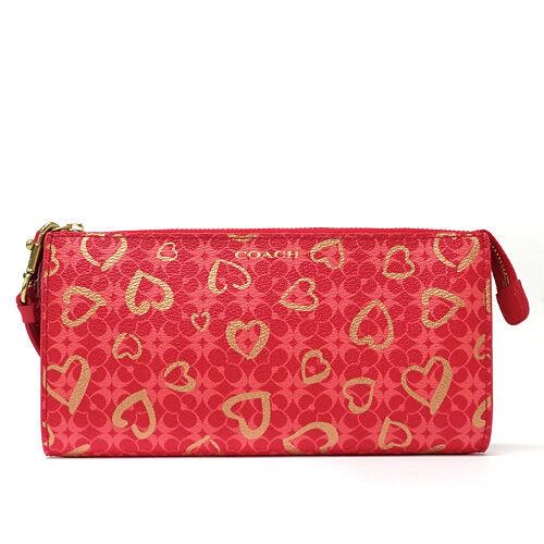 Coach Program Hearts Signature C Canvas Zippy Wallet 51225B Brass/multi Red