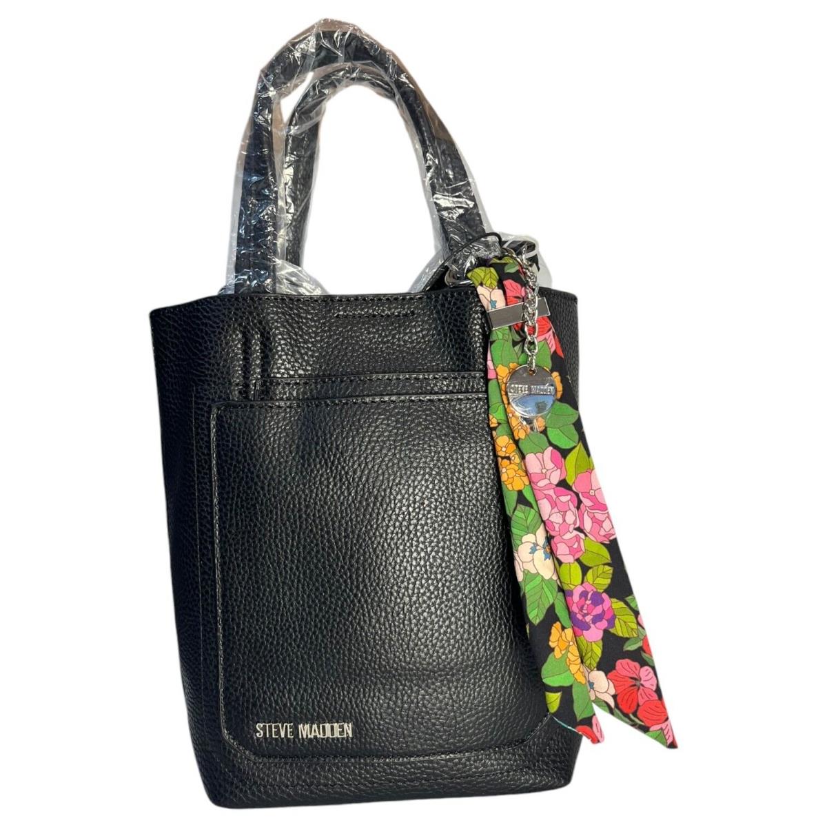 Steve Madden Crossbody Womens Vegan Leather Tote Bag Charm Floral Scarf Blk