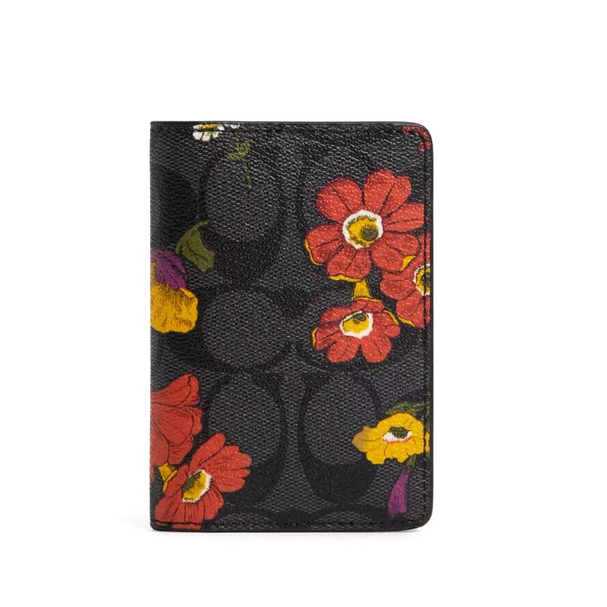 Coach CR400 ID Wallet Signature Canvas W/floral Print Charcoal Multi