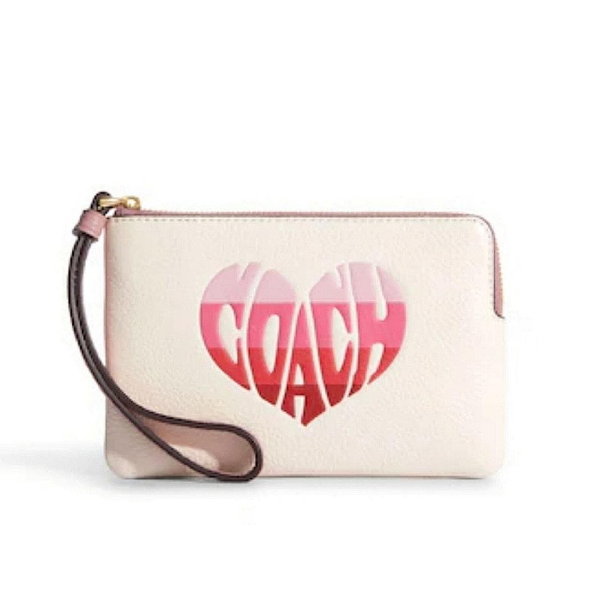 Coach Corner Zip Wristlet with Stripe Heart Motif IN Gold / Pink / Chalk Mult