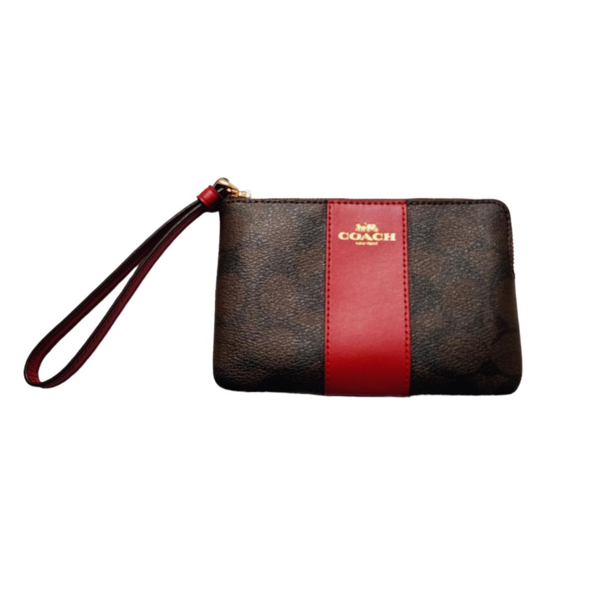 Coach Corner Zip Wristlet Brown Red Leather