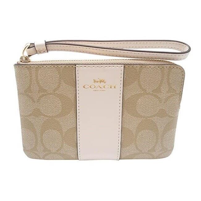 Coach Signature Pvc Leather Corner Zip Wristlet Light Khaki Chalk